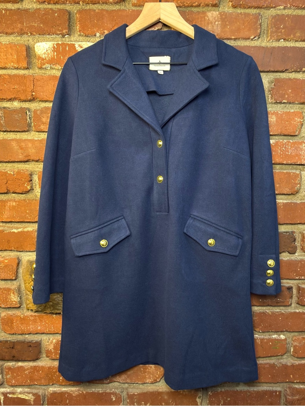 Tuckernuck Navy Blue Malia Dress size M Collared Gold Buttons Shift Mini FLAW